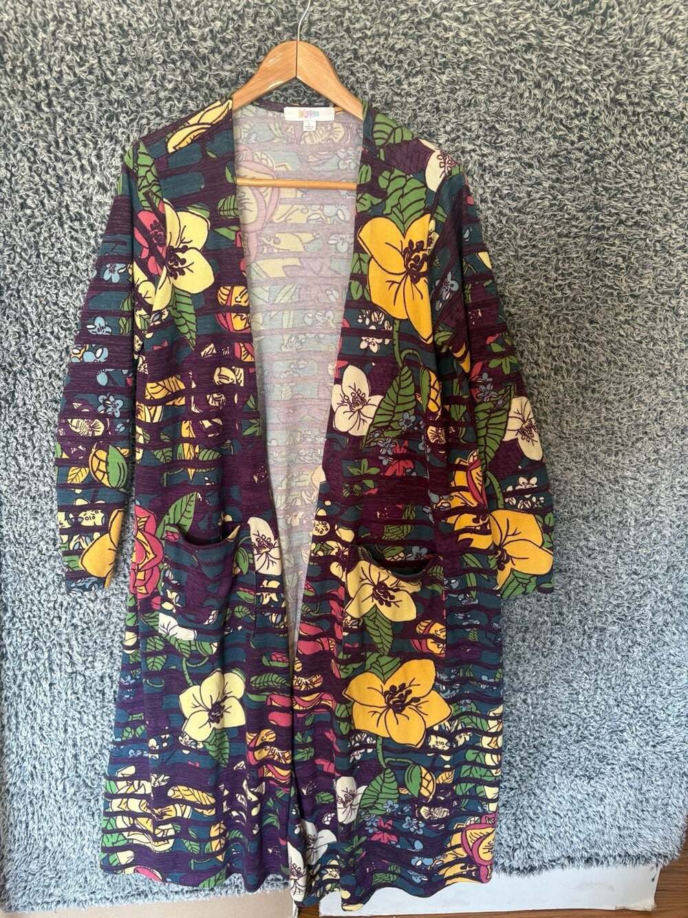 LuLaRoe Sarah Duster Cardigan Purple Floral and Secret Stripes Size L